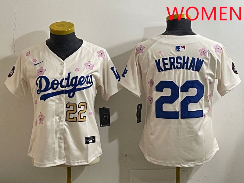 Women Los Angeles Dodgers #22 Kershaw Cream Sakura Edition 2025 Nike MLB Jersey style 2->women mlb jersey->Women Jersey